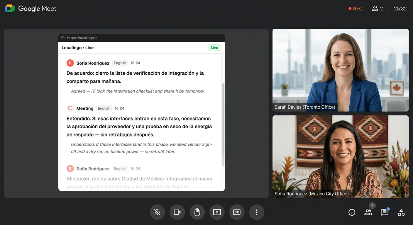 Localingo running in Picture-in-Picture mode alongside a Google Meet call