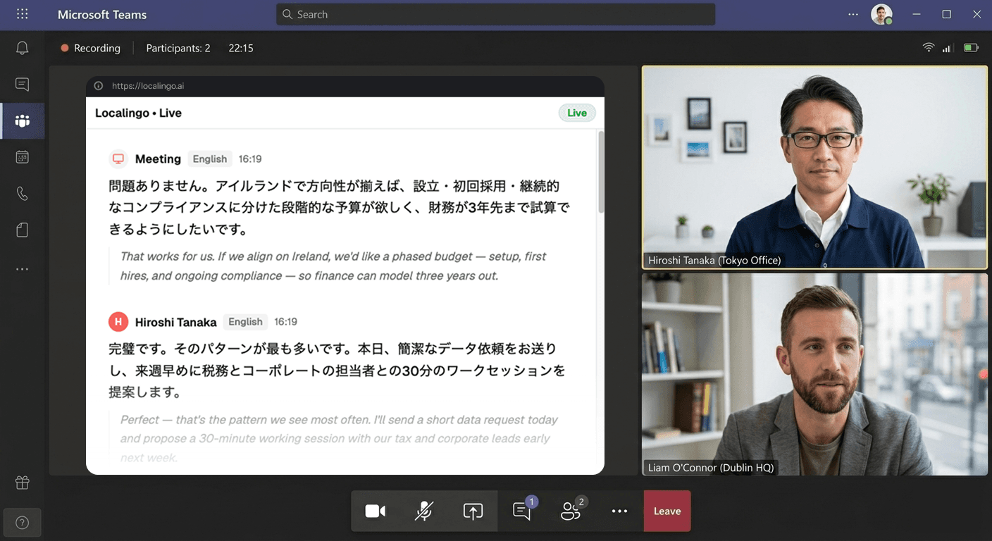 Localingo running in Picture-in-Picture mode alongside a Microsoft Teams call