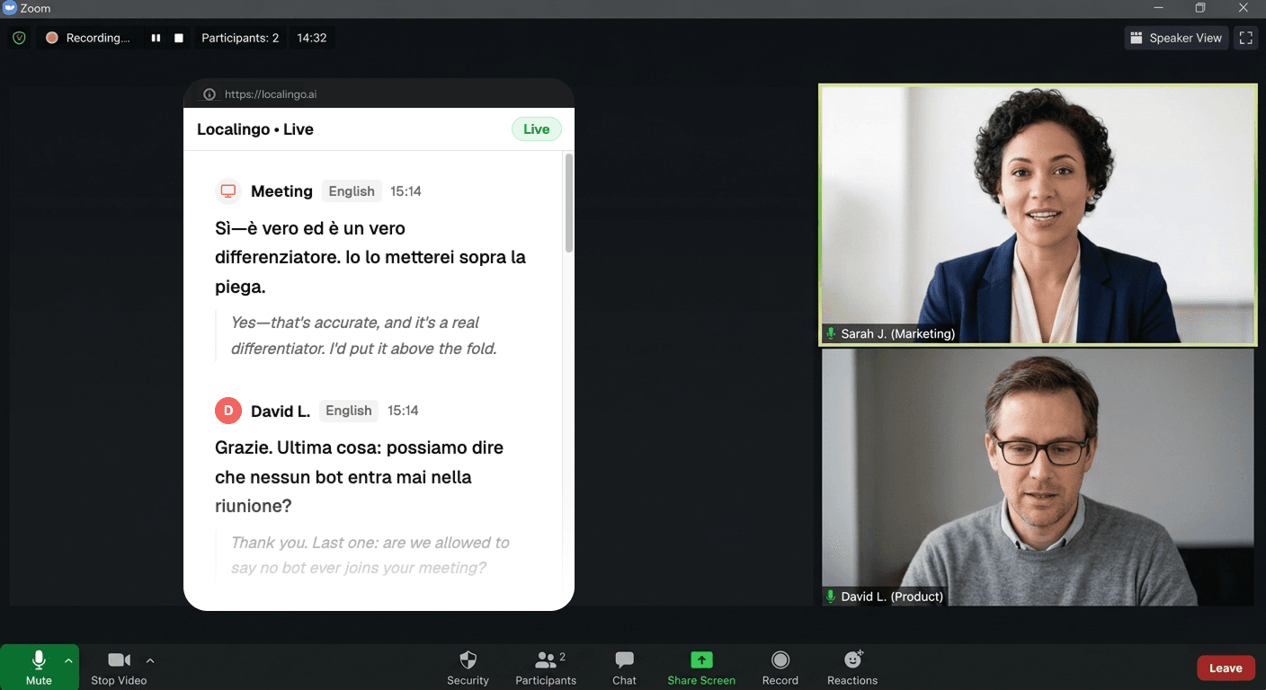 Localingo running in Picture-in-Picture mode alongside a Zoom call